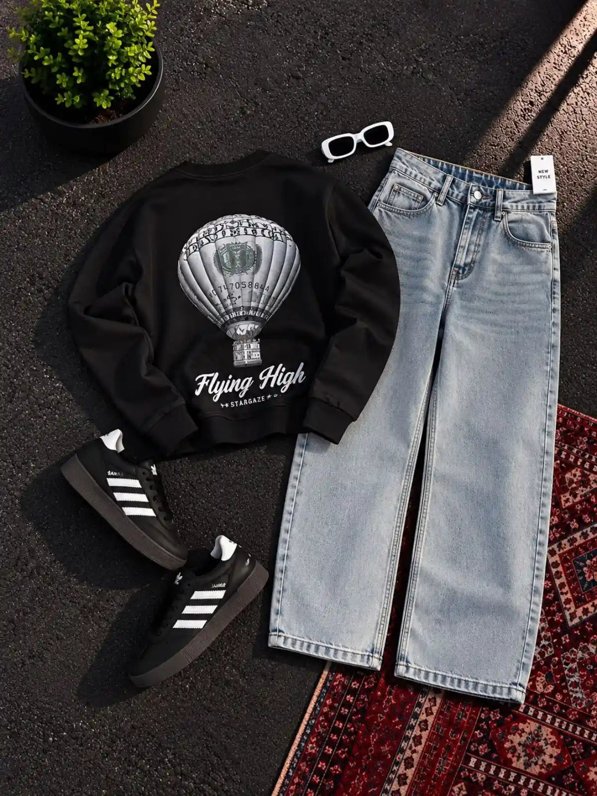 Crisp White Sweatshirt and Charcoal Washed Denim Set - Image 3