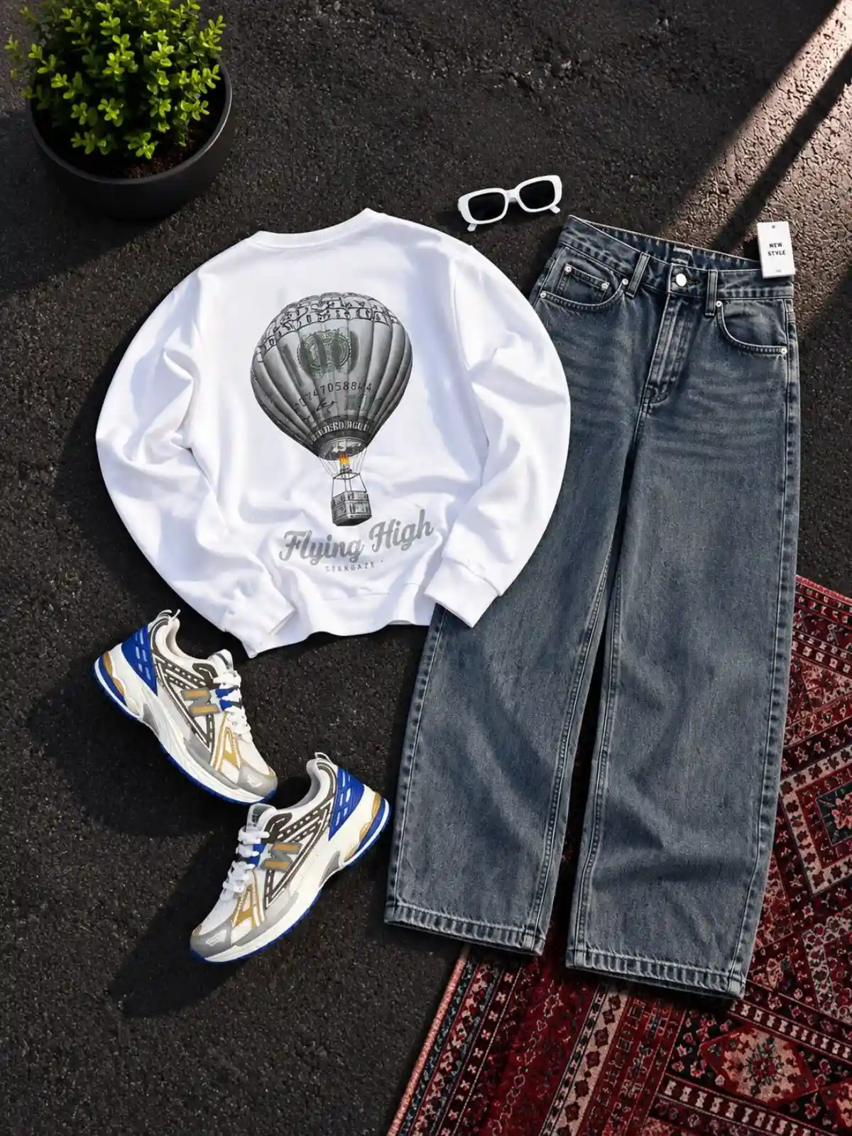 Crisp White Sweatshirt and Charcoal Washed Denim Set