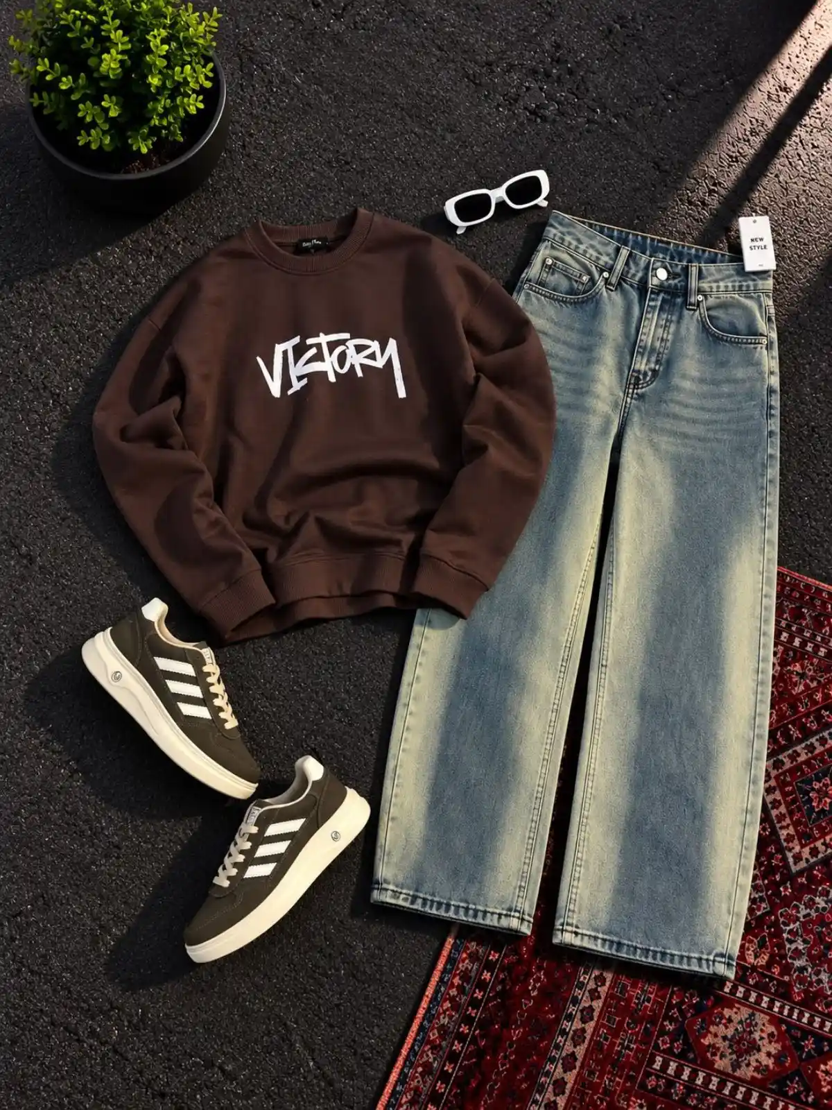 Crisp White Sweatshirt and Charcoal Washed Denim Set - Image 2