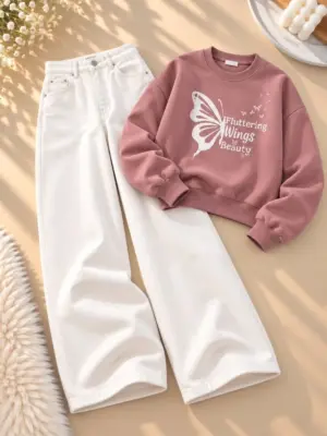 Dusty Rose Butterfly Graphic Sweatshirt and Pure White Wide-Leg Jeans Set