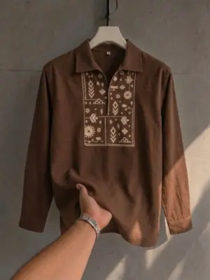 Earthy Brown Folk-Embroidered Long-Sleeve Shirt