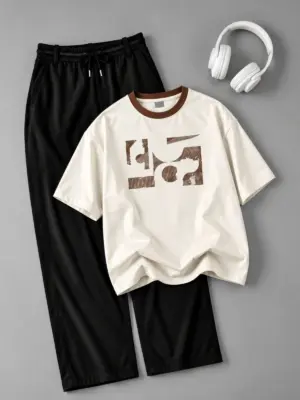 Off-White Abstract Print Crewneck Tee and Black Drawstring Pants Set