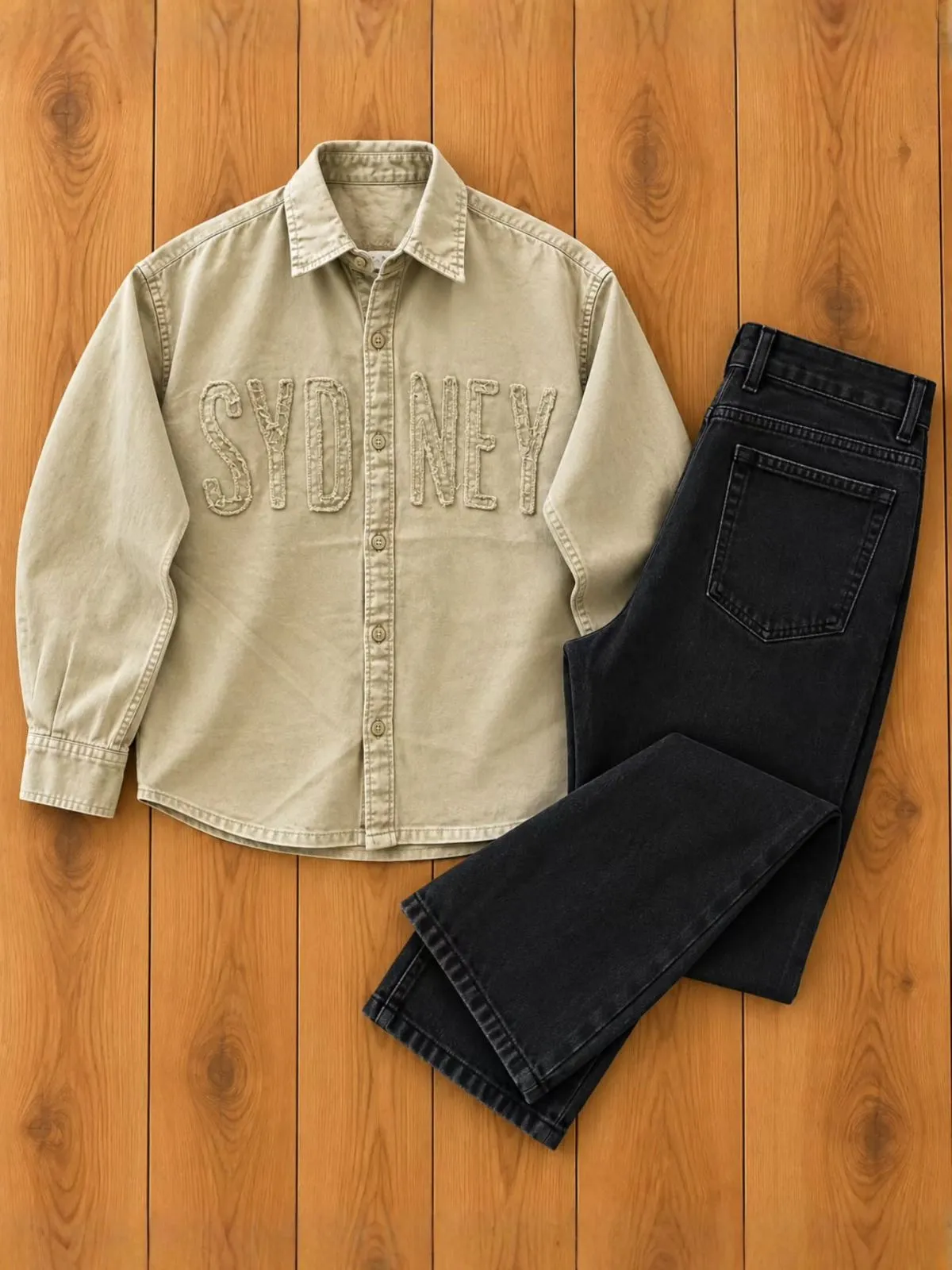 Washed Beige Applique Shirt and Dark Brown Denim Set - Image 3
