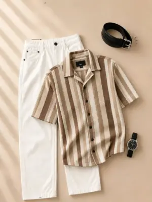 Earth-Tone Striped Short-Sleeve Shirt and White Trouser Combo