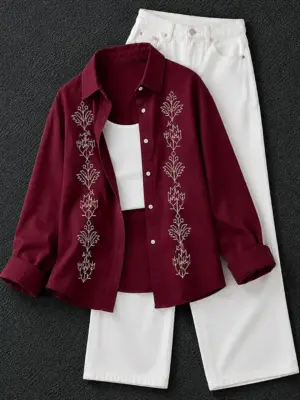 Maroon Placket Embroidered Long-Sleeve Shirt, Cami, and Trouser Three-Piece Set