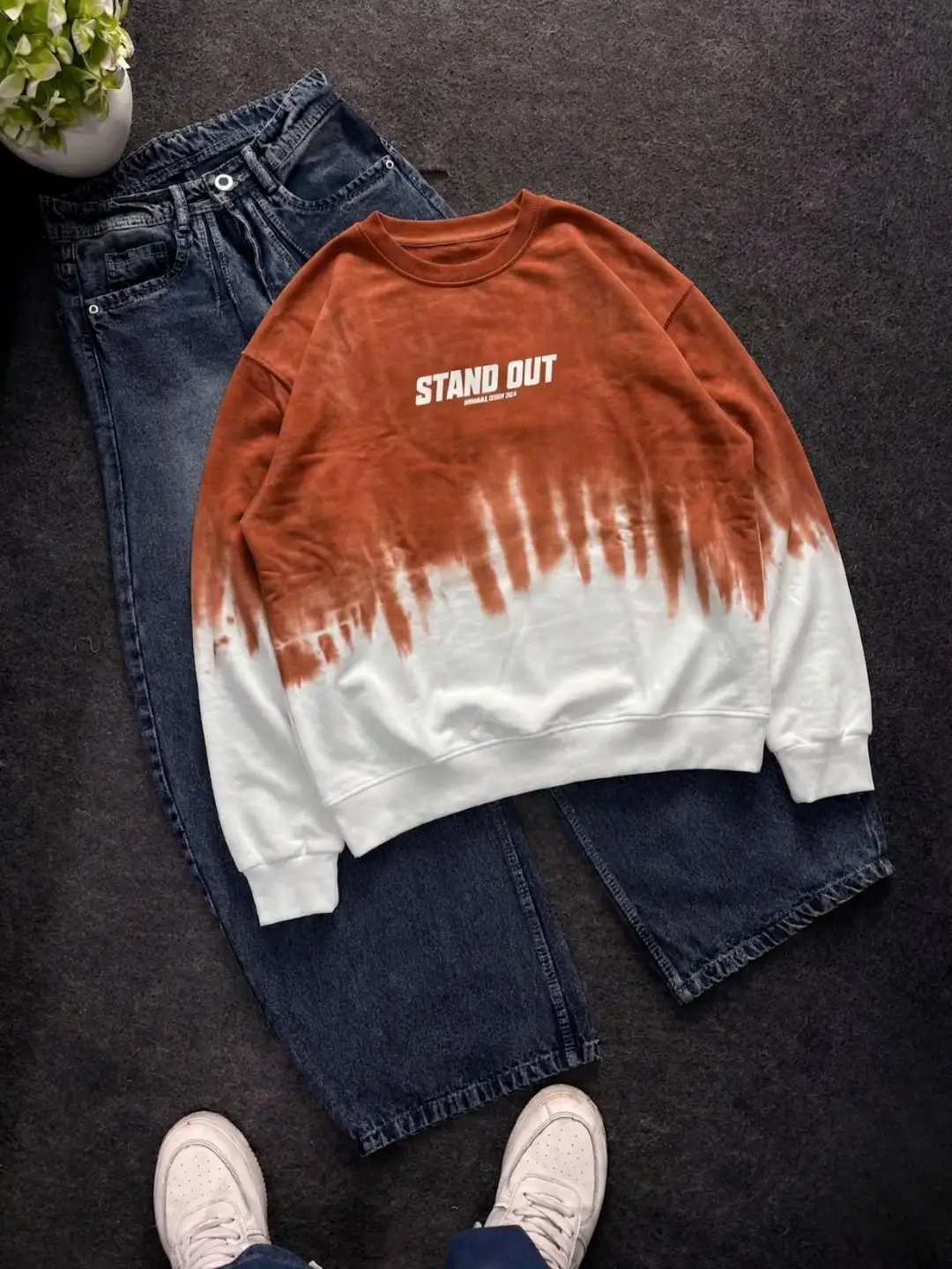 Rust and White Dip-Dye Sweatshirt with Dark Denim Trouser Set