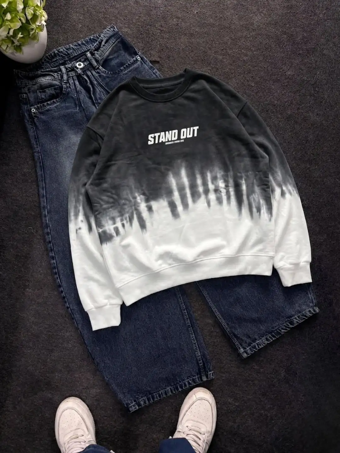 Rust and White Dip-Dye Sweatshirt with Dark Denim Trouser Set - Image 4