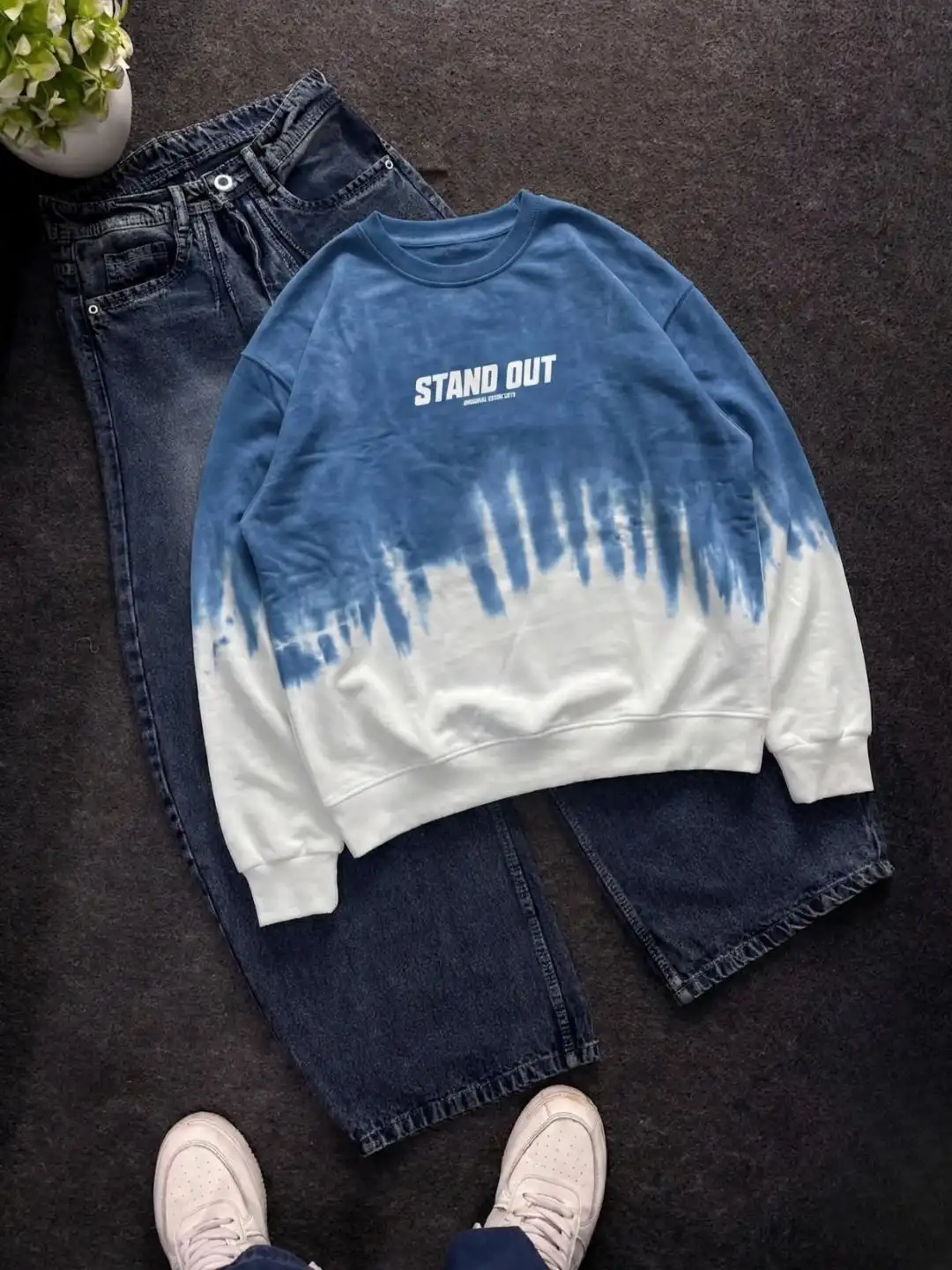 Rust and White Dip-Dye Sweatshirt with Dark Denim Trouser Set - Image 2