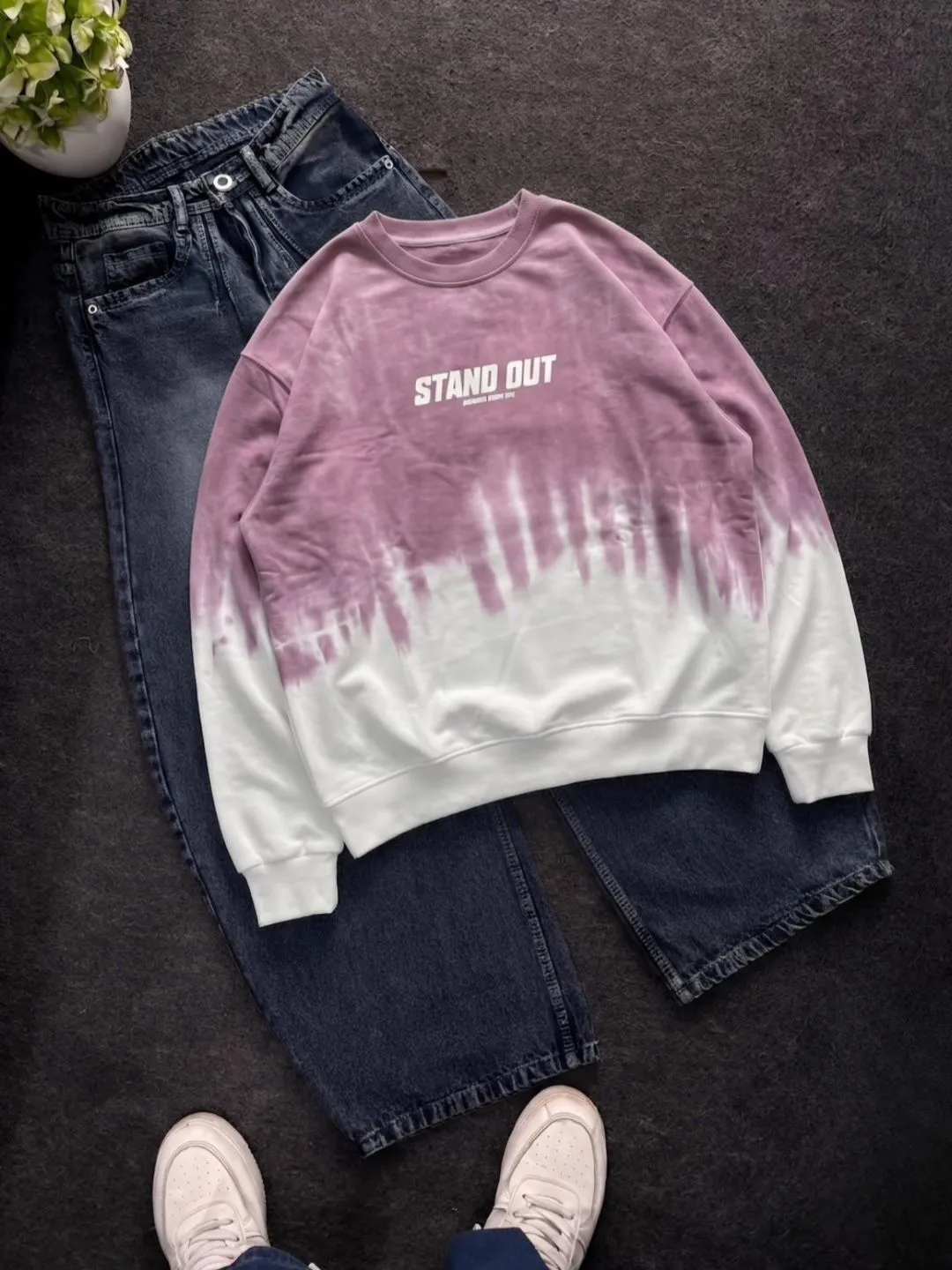Rust and White Dip-Dye Sweatshirt with Dark Denim Trouser Set - Image 3