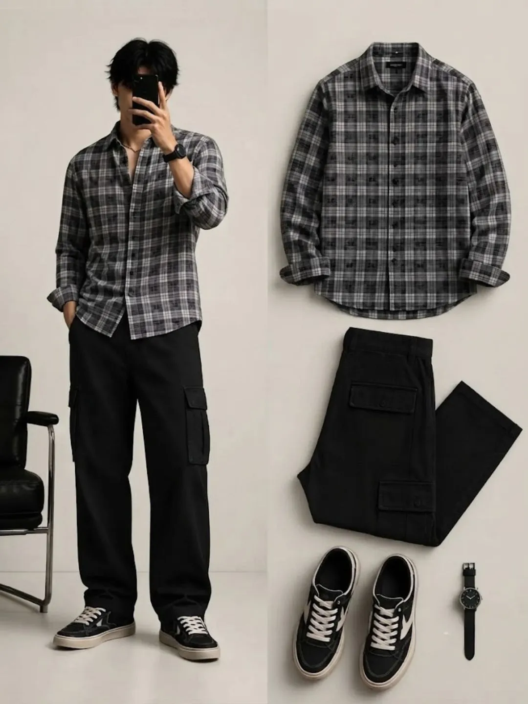 Abstract Geometric Printed Long-Sleeve Shirt and Black Trouser Ensemble - Image 5