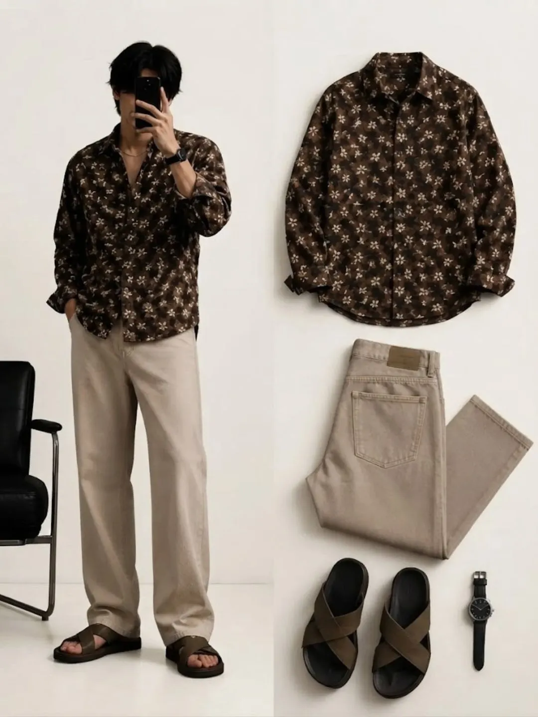 Abstract Geometric Printed Long-Sleeve Shirt and Black Trouser Ensemble - Image 4