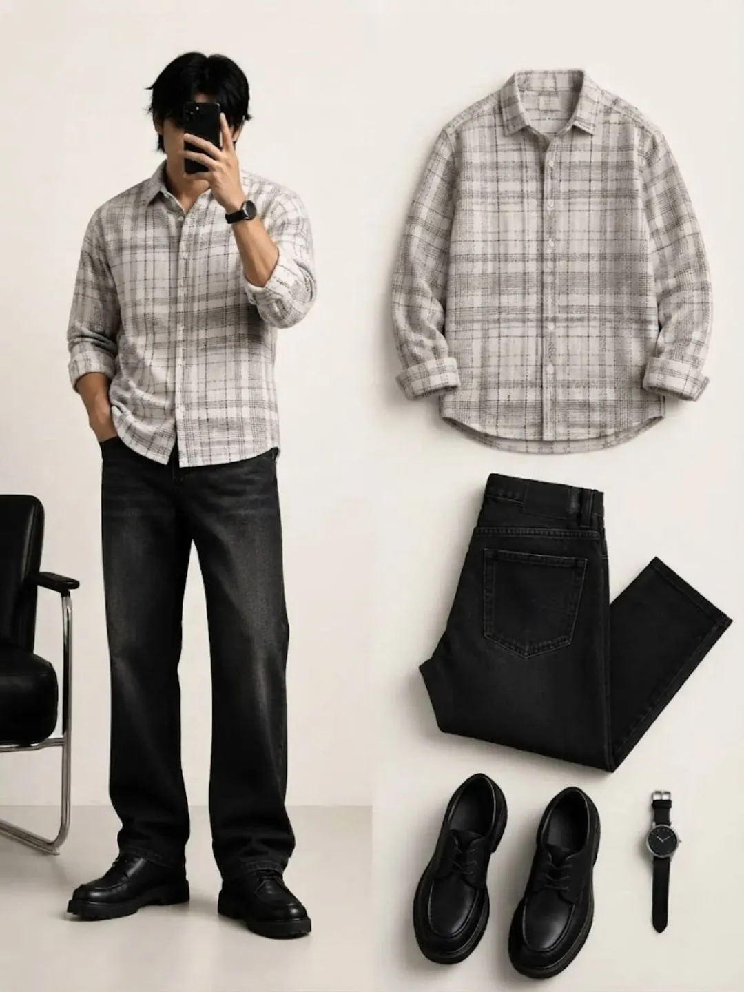 Abstract Geometric Printed Long-Sleeve Shirt and Black Trouser Ensemble - Image 2