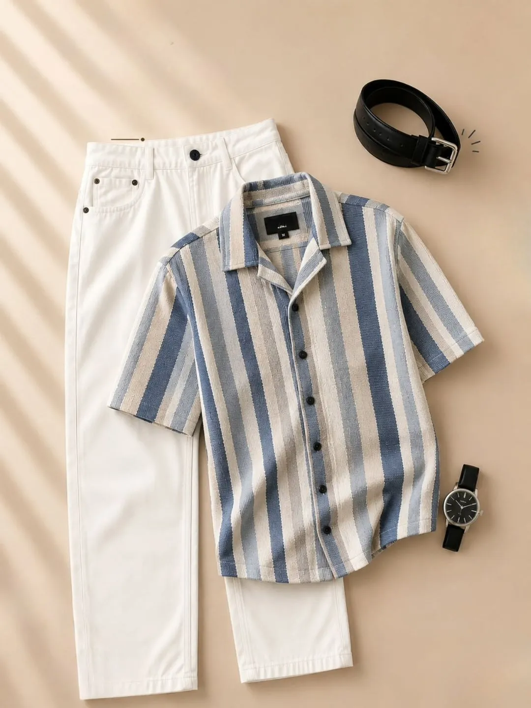 Earth-Tone Striped Short-Sleeve Shirt and White Trouser Combo - Image 2