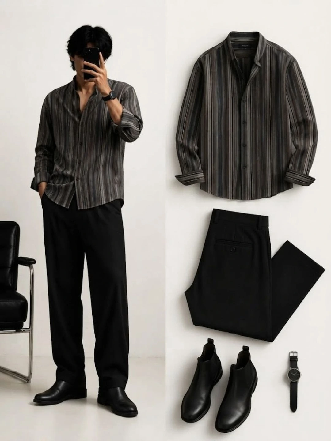 Abstract Geometric Printed Long-Sleeve Shirt and Black Trouser Ensemble - Image 3