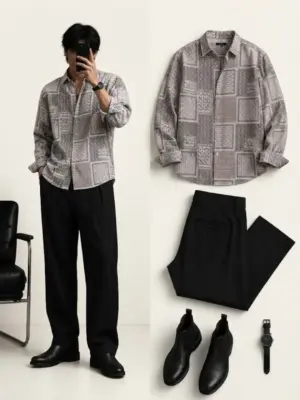 Abstract Geometric Printed Long-Sleeve Shirt and Black Trouser Ensemble