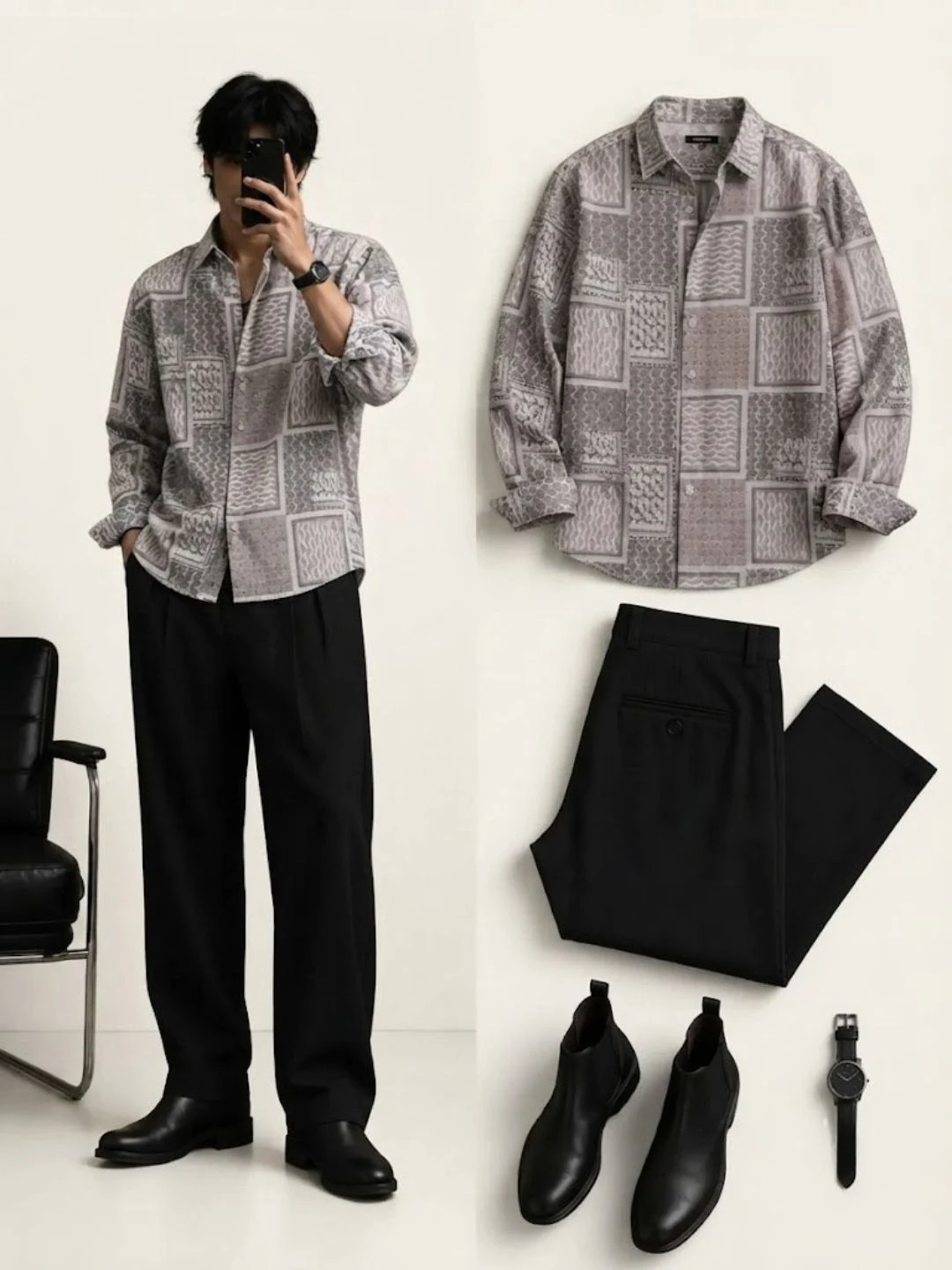 Abstract Geometric Printed Long-Sleeve Shirt and Black Trouser Ensemble