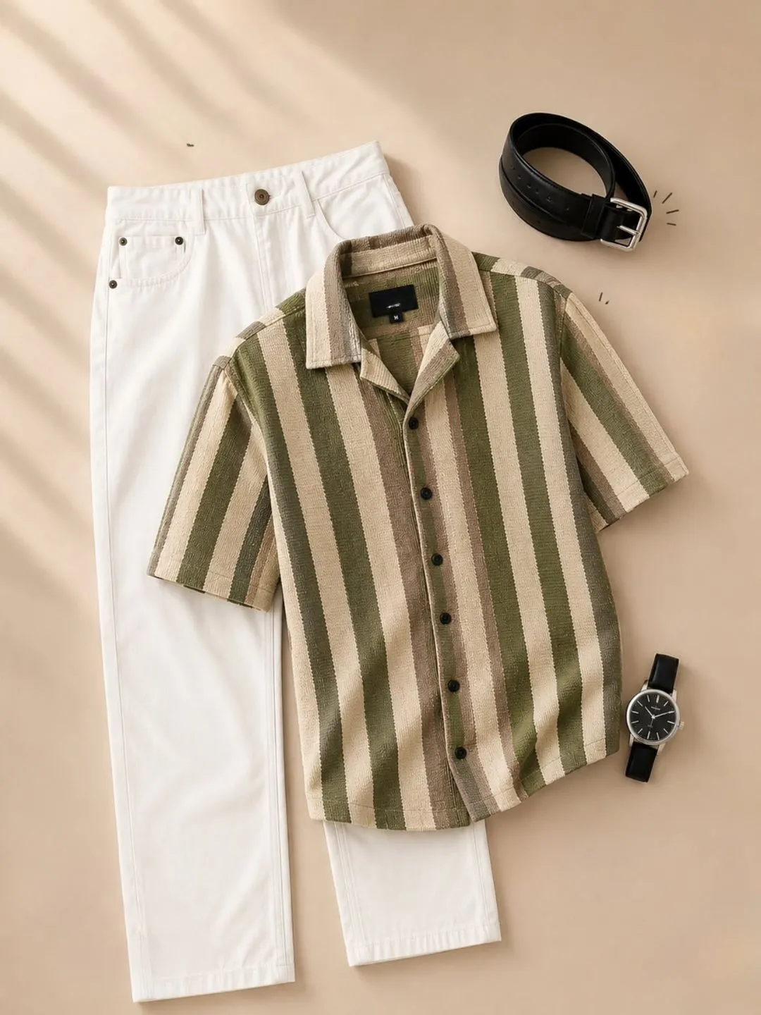 Earth-Tone Striped Short-Sleeve Shirt and White Trouser Combo - Image 3