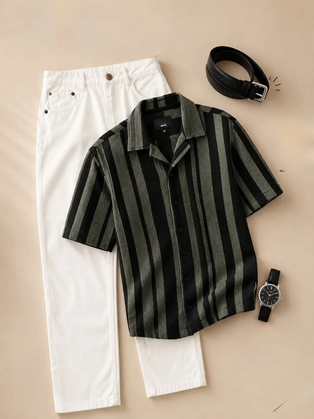Earth-Tone Striped Short-Sleeve Shirt and White Trouser Combo - Image 4