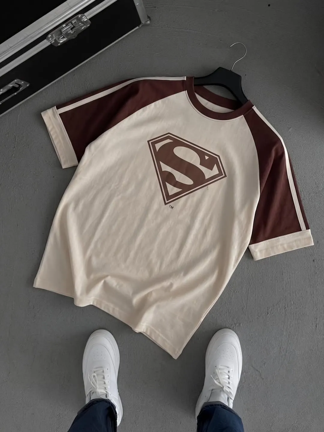 Brown and Cream Raglan Sleeve Graphic Tee with Shield Logo