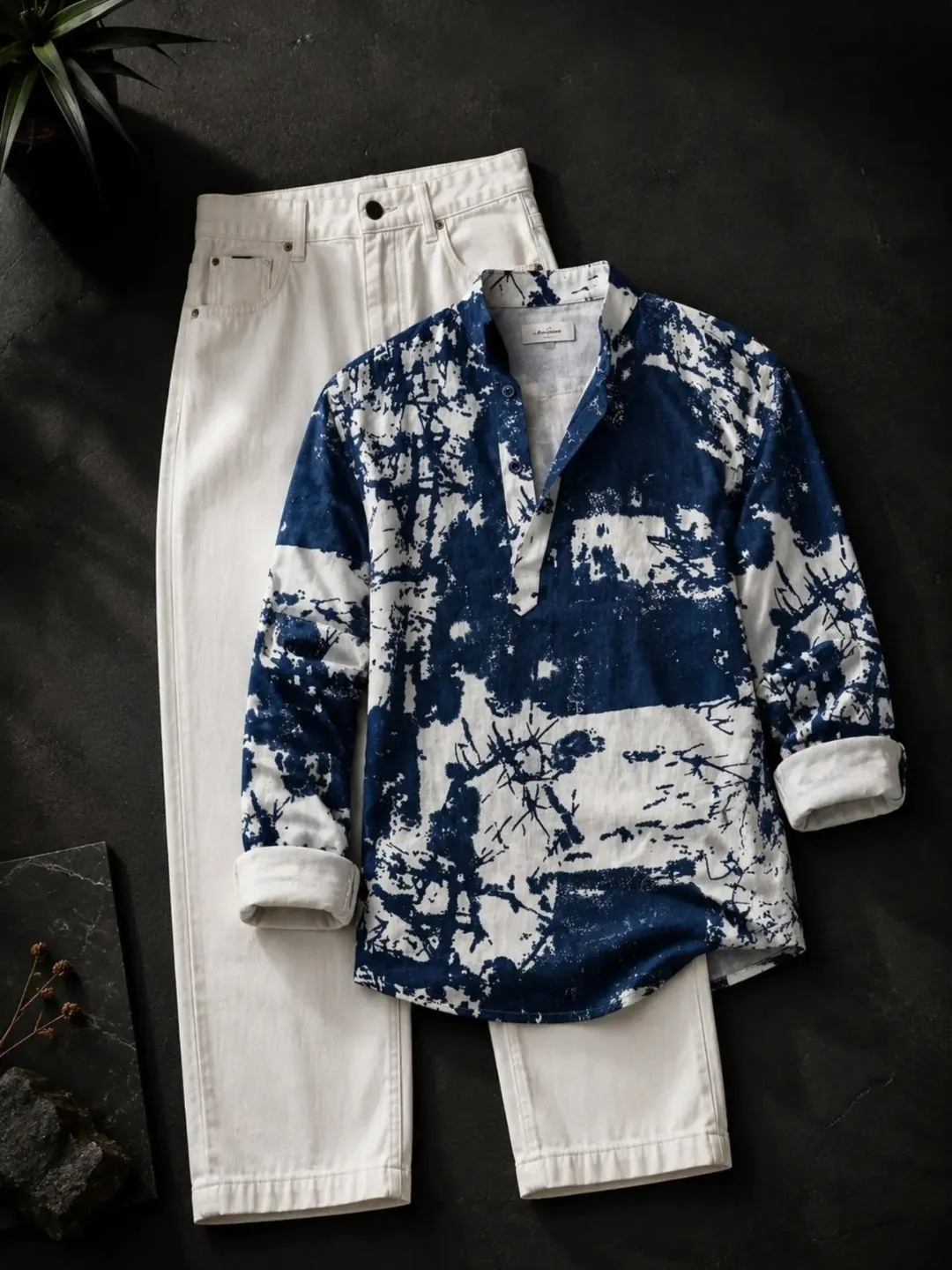 Charcoal Grey Striped Mandarin Collar Shirt and Off-White Trouser Ensemble - Image 2