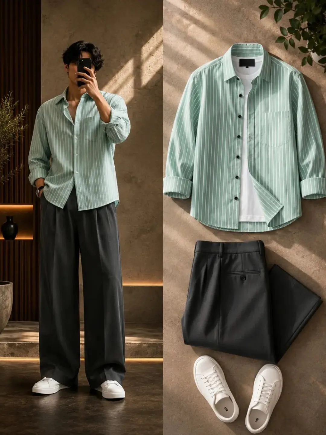 Sky Blue Striped Button-Down Shirt and Cream Trouser Combo - Image 3