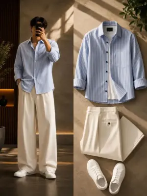 Sky Blue Striped Button-Down Shirt and Cream Trouser Combo