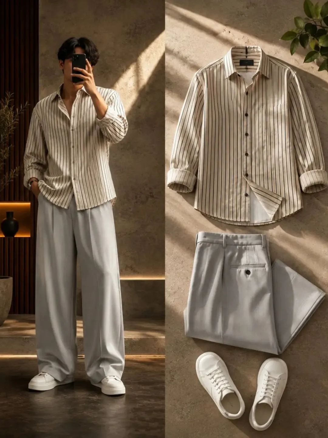 Sky Blue Striped Button-Down Shirt and Cream Trouser Combo - Image 4