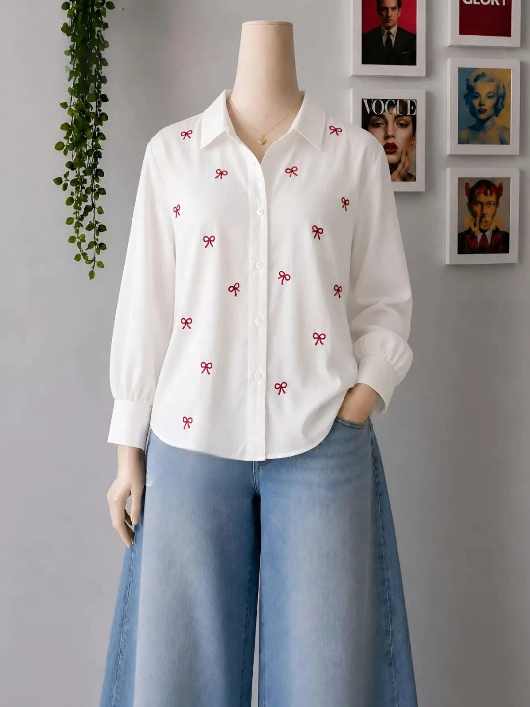 Dark Denim Bow Embroidered Shirt and Light Blue Wide-Leg Trouser Set - Image 4