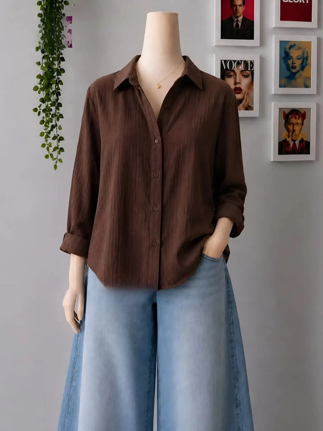 Dark Denim Bow Embroidered Shirt and Light Blue Wide-Leg Trouser Set - Image 2
