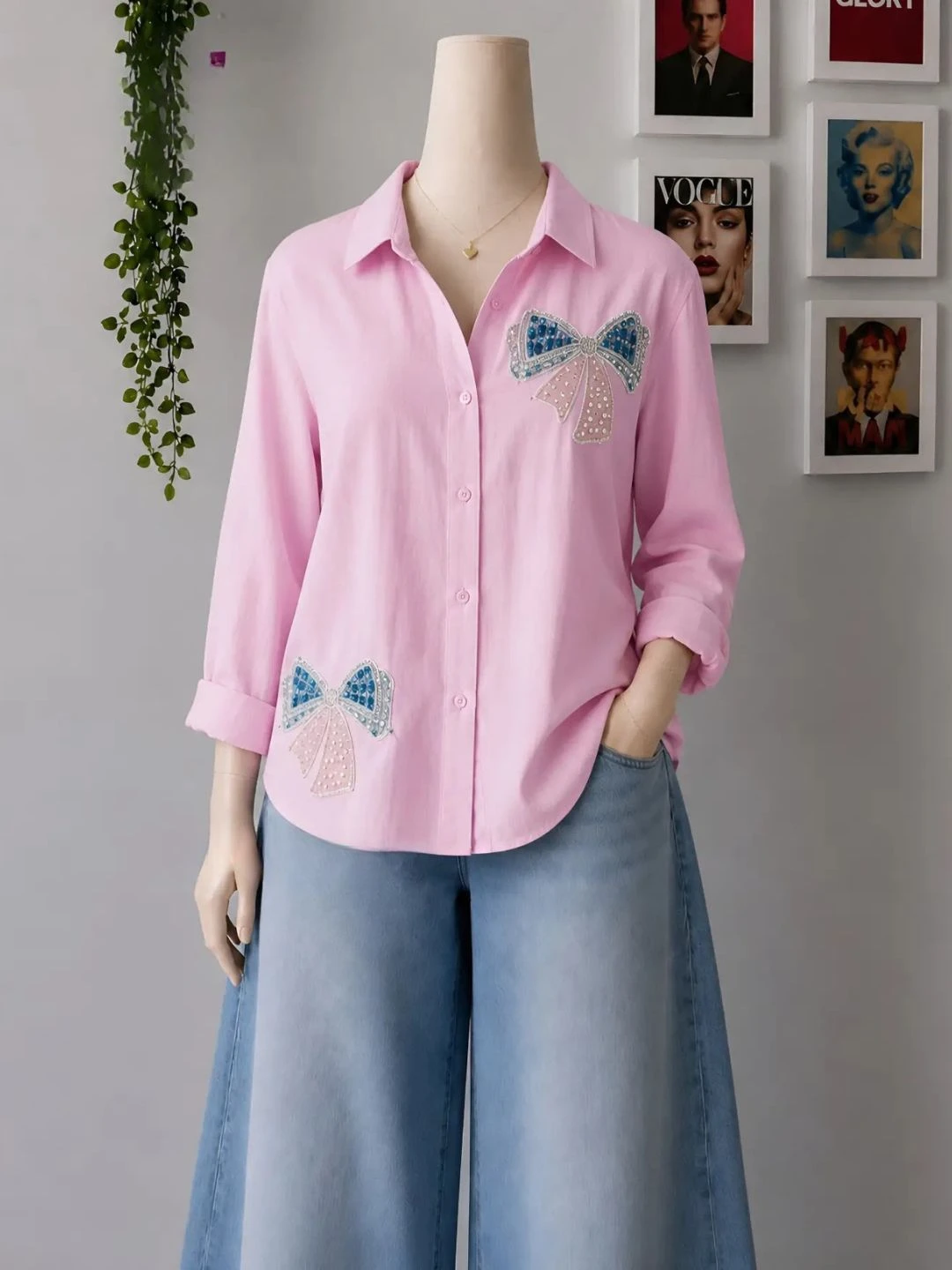 Dark Denim Bow Embroidered Shirt and Light Blue Wide-Leg Trouser Set - Image 5