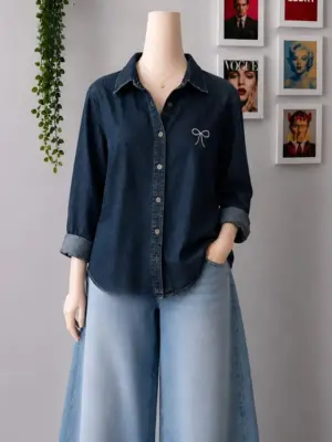 Dark Denim Bow Embroidered Shirt and Light Blue Wide-Leg Trouser Set