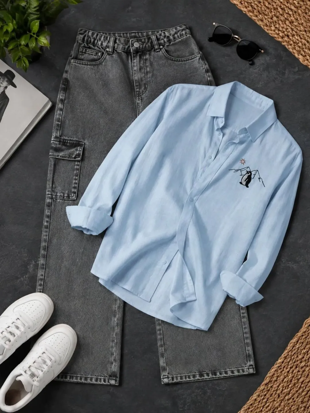Mountain Embroidered Beige Shirt and Dark Grey Cargo Denim Co-Ord Set - Image 3