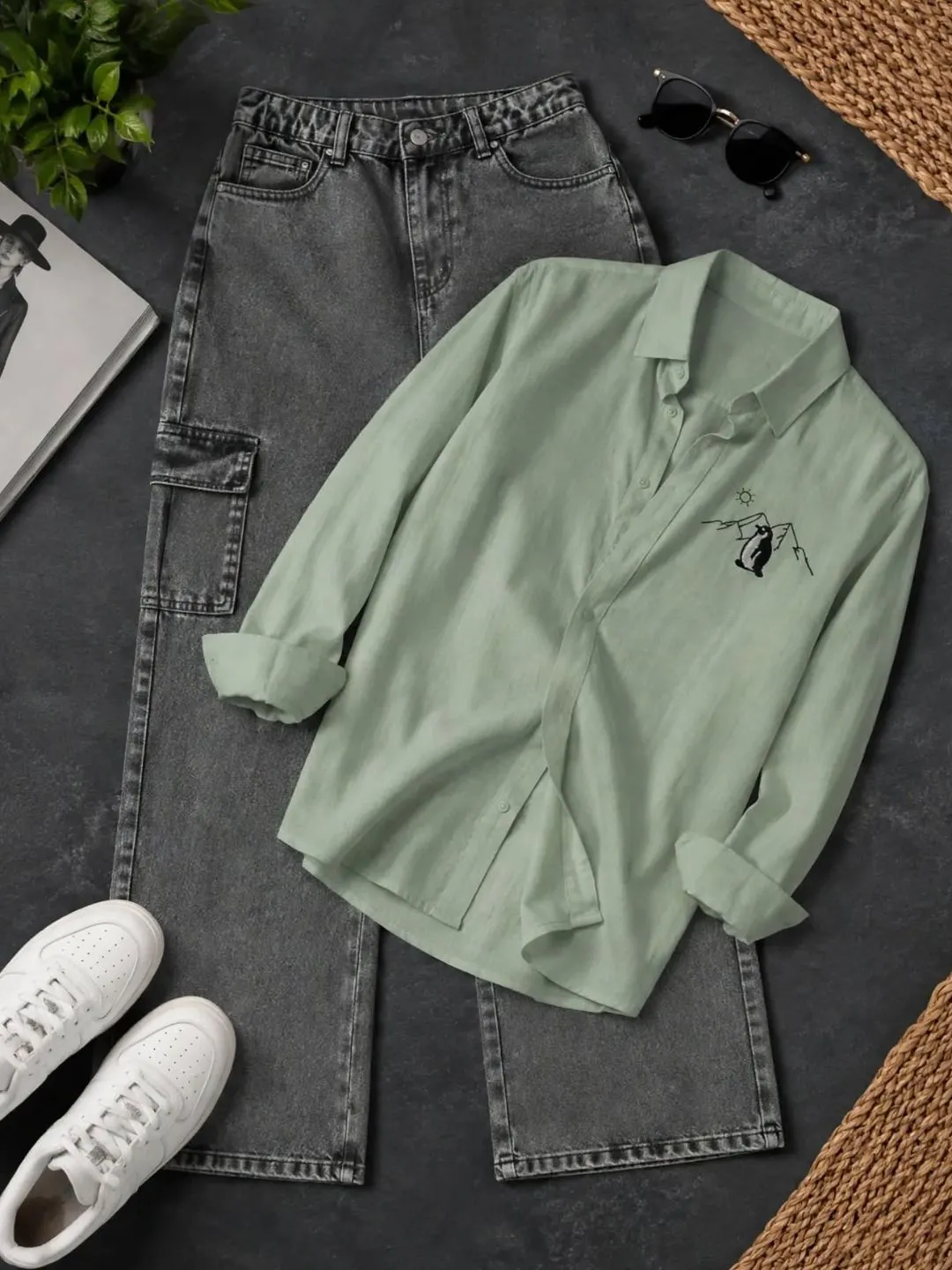 Mountain Embroidered Beige Shirt and Dark Grey Cargo Denim Co-Ord Set - Image 2