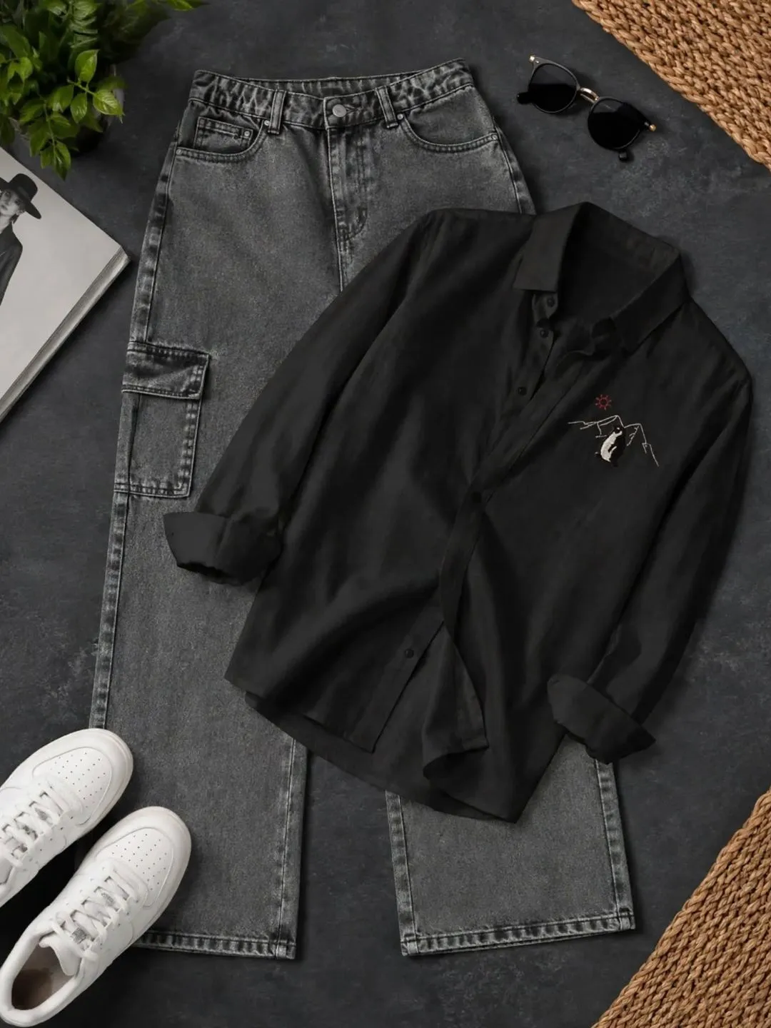 Mountain Embroidered Beige Shirt and Dark Grey Cargo Denim Co-Ord Set - Image 4