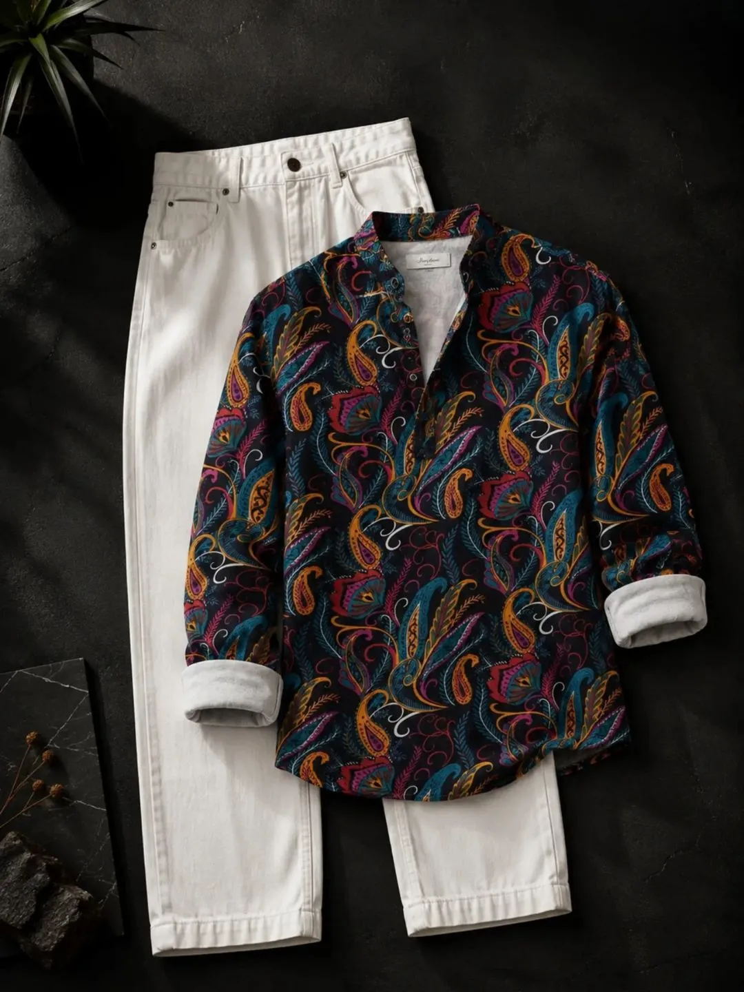 Charcoal Grey Striped Mandarin Collar Shirt and Off-White Trouser Ensemble - Image 5