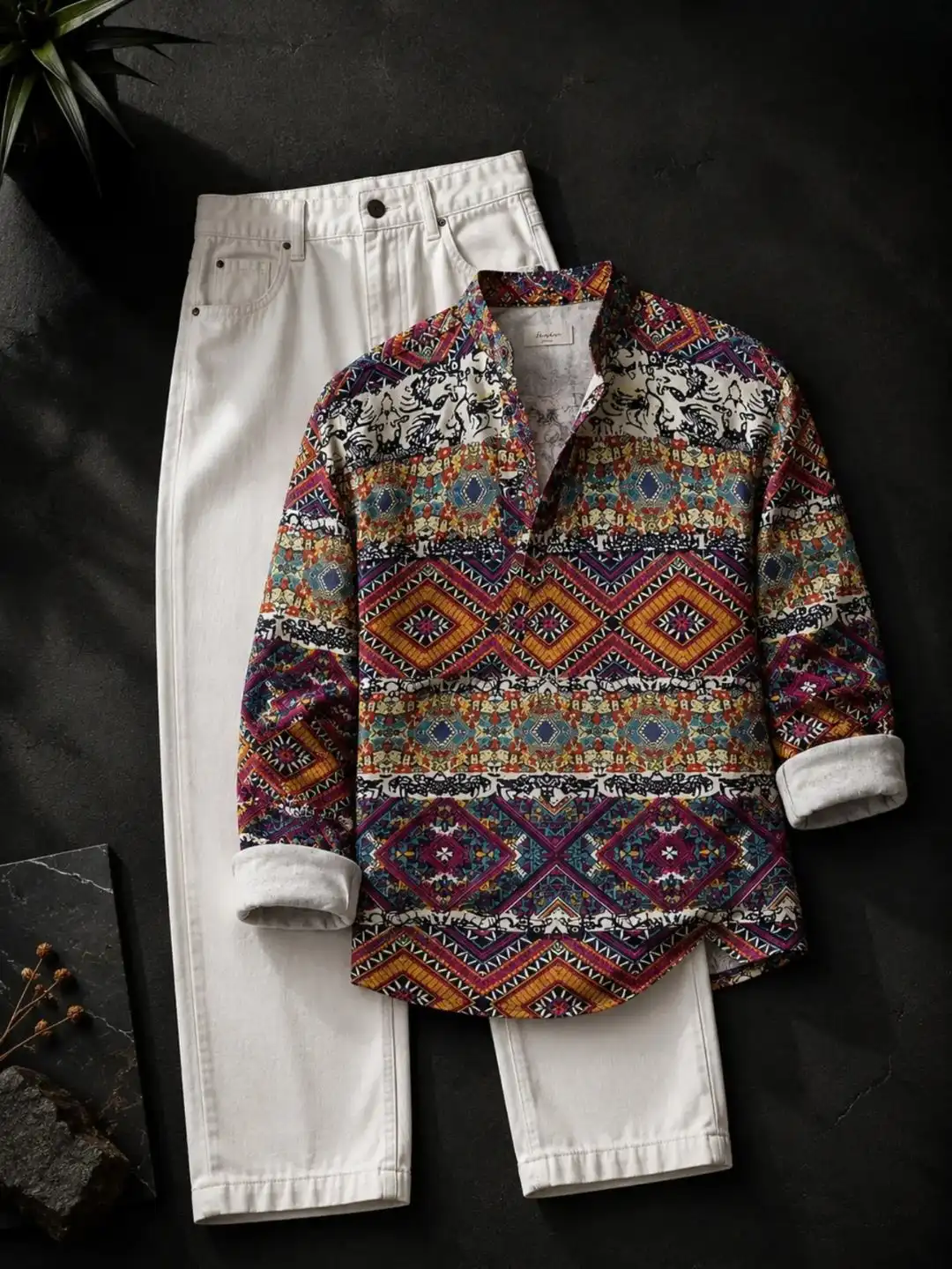 Charcoal Grey Striped Mandarin Collar Shirt and Off-White Trouser Ensemble - Image 4
