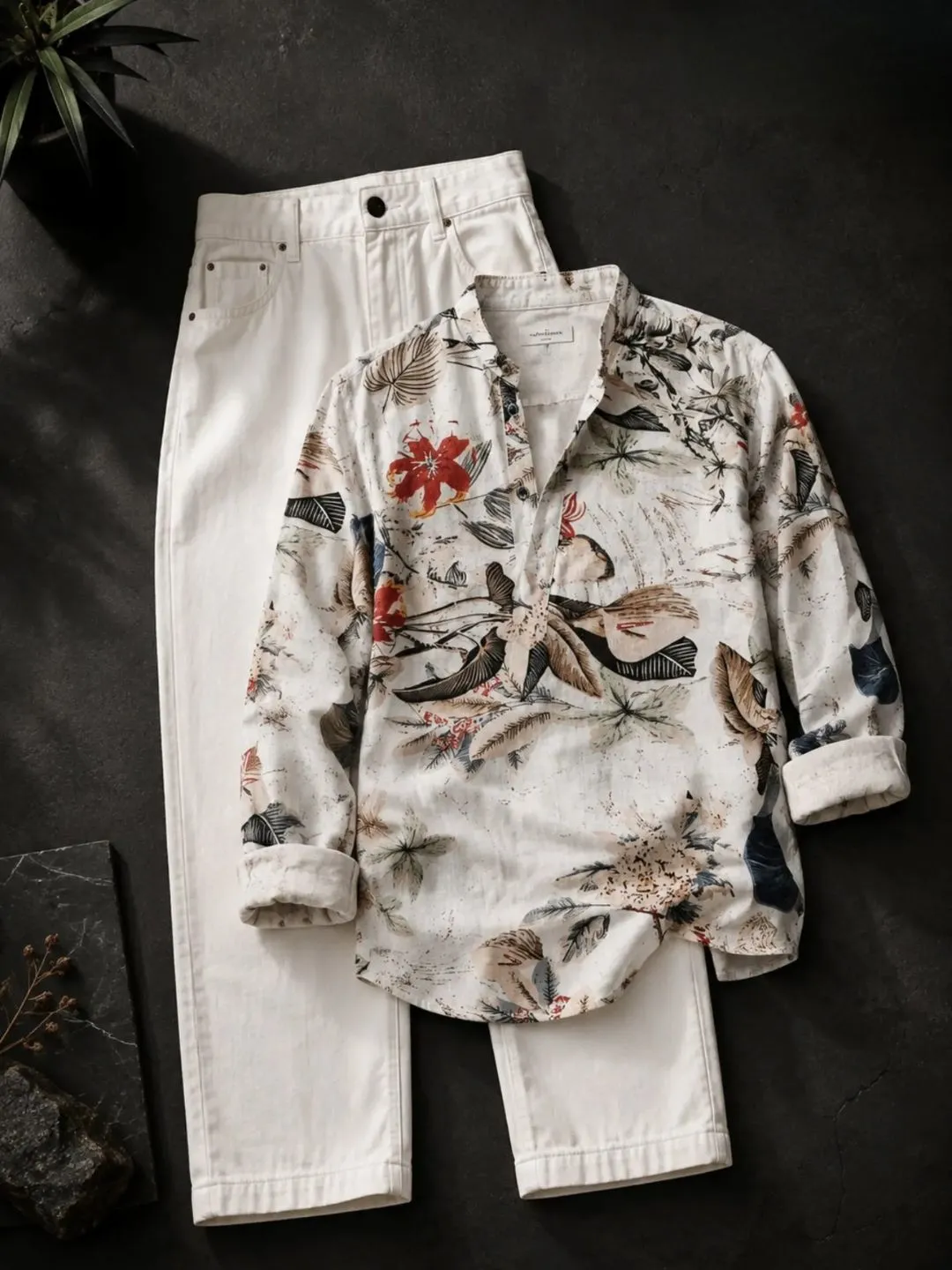 Charcoal Grey Striped Mandarin Collar Shirt and Off-White Trouser Ensemble - Image 3