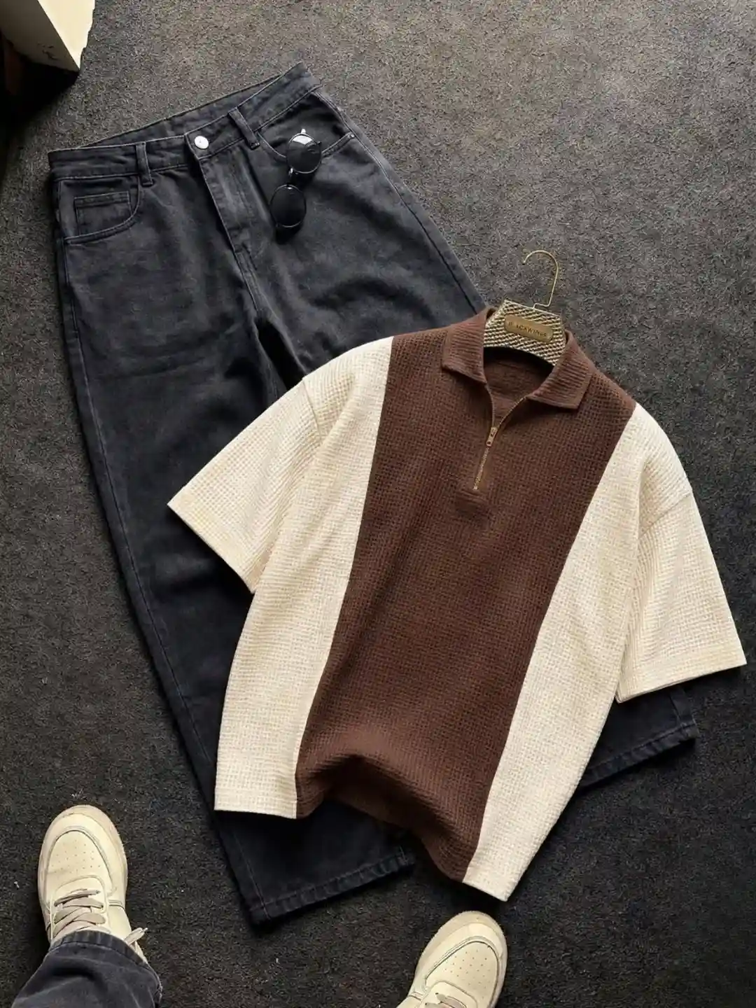 Brown and Beige Colorblock Waffle Knit Polo Shirt with Dark Denim Trouser Combo