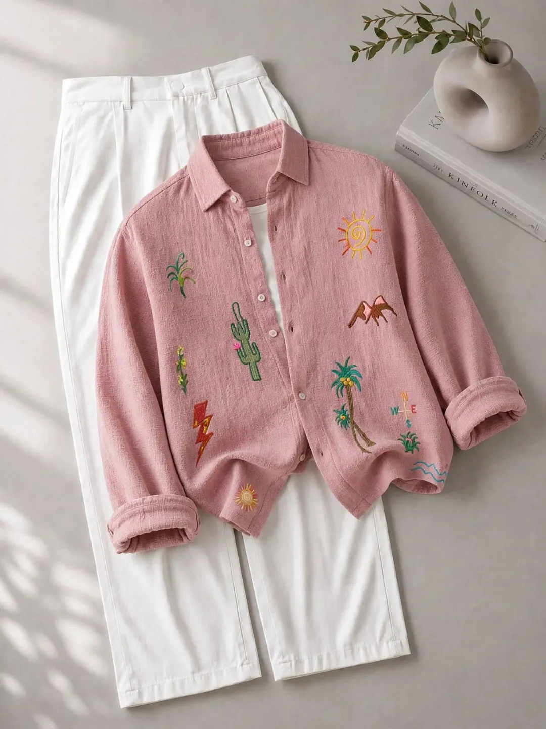 Ecru Desert Motif Embroidered Long-Sleeve Shirt and Trouser Set - Image 3