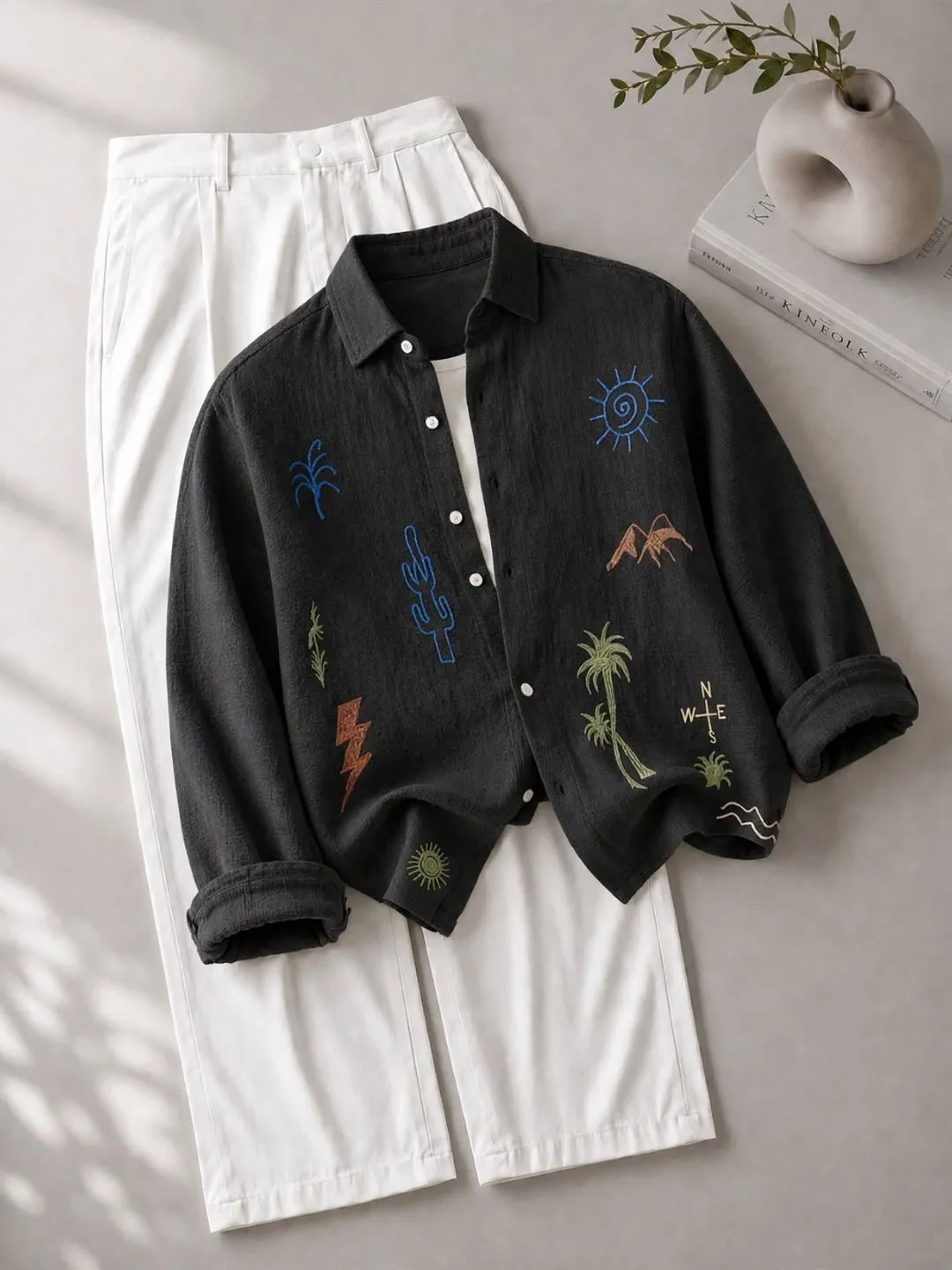 Ecru Desert Motif Embroidered Long-Sleeve Shirt and Trouser Set - Image 4
