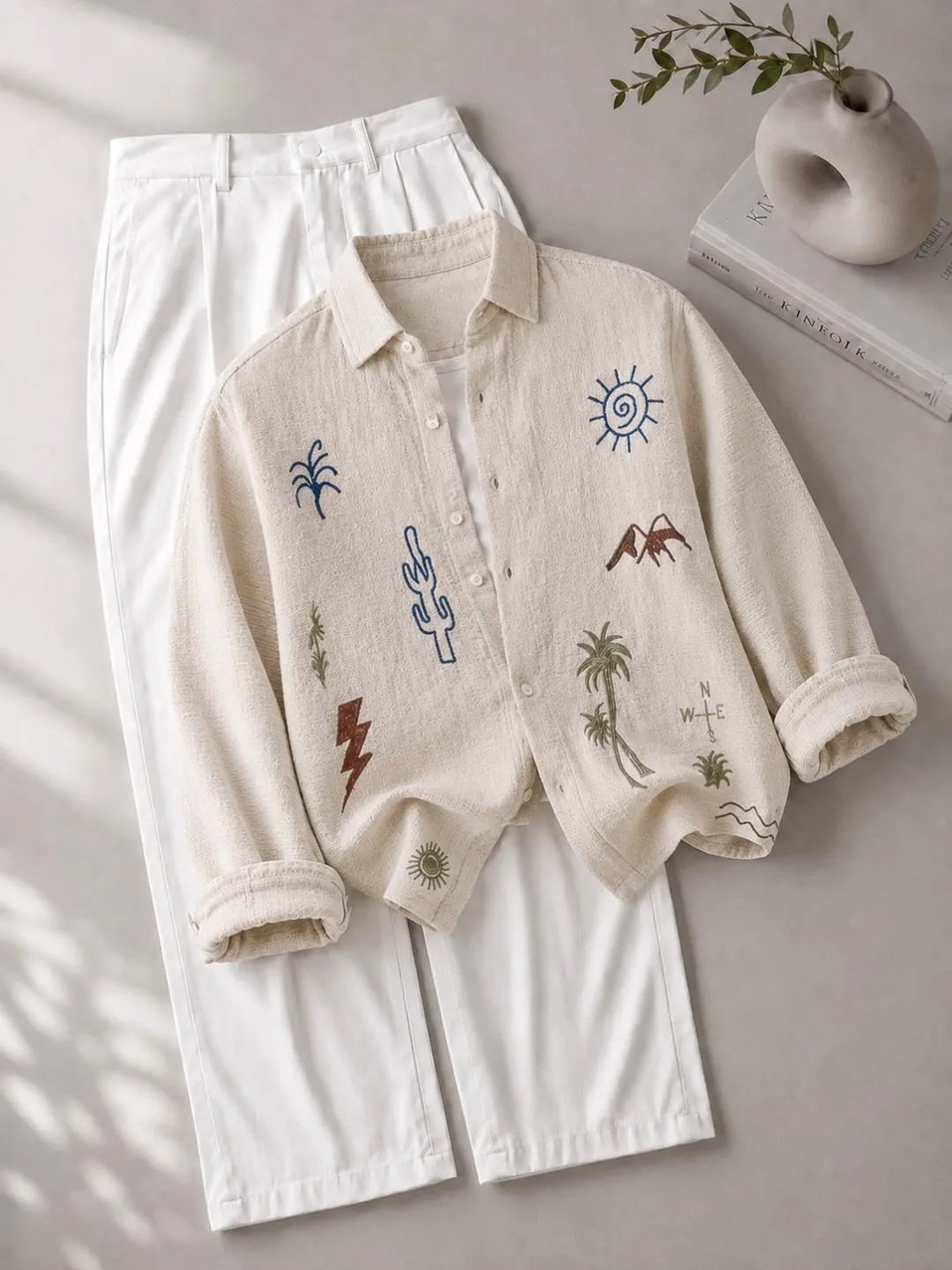 Ecru Desert Motif Embroidered Long-Sleeve Shirt and Trouser Set