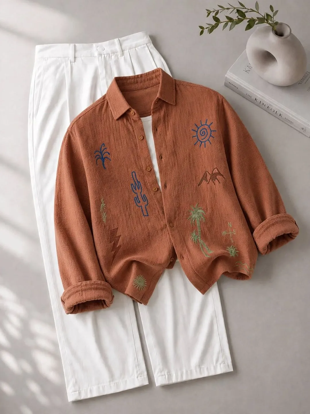 Ecru Desert Motif Embroidered Long-Sleeve Shirt and Trouser Set - Image 2