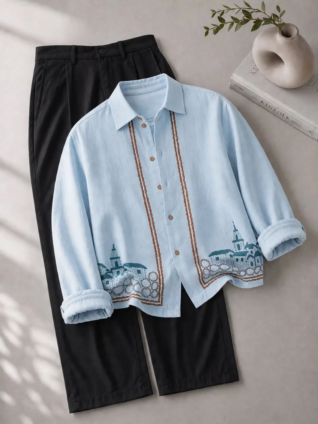 Beige Townscape Embroidered Long-Sleeve Shirt and Black Trouser Set - Image 4