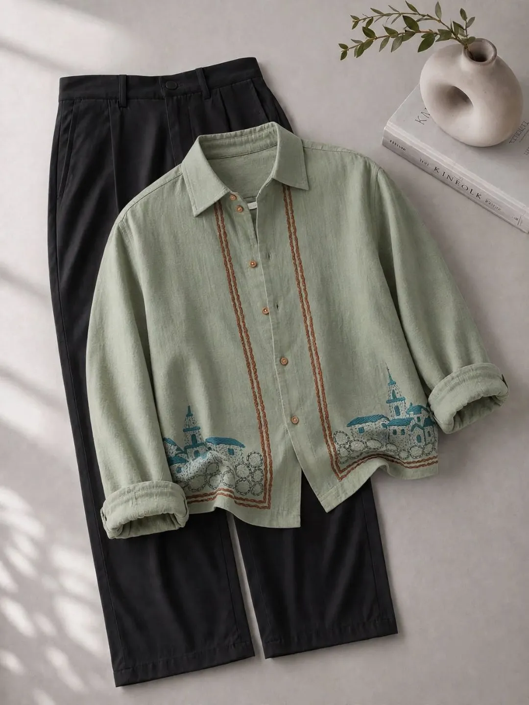 Beige Townscape Embroidered Long-Sleeve Shirt and Black Trouser Set - Image 3