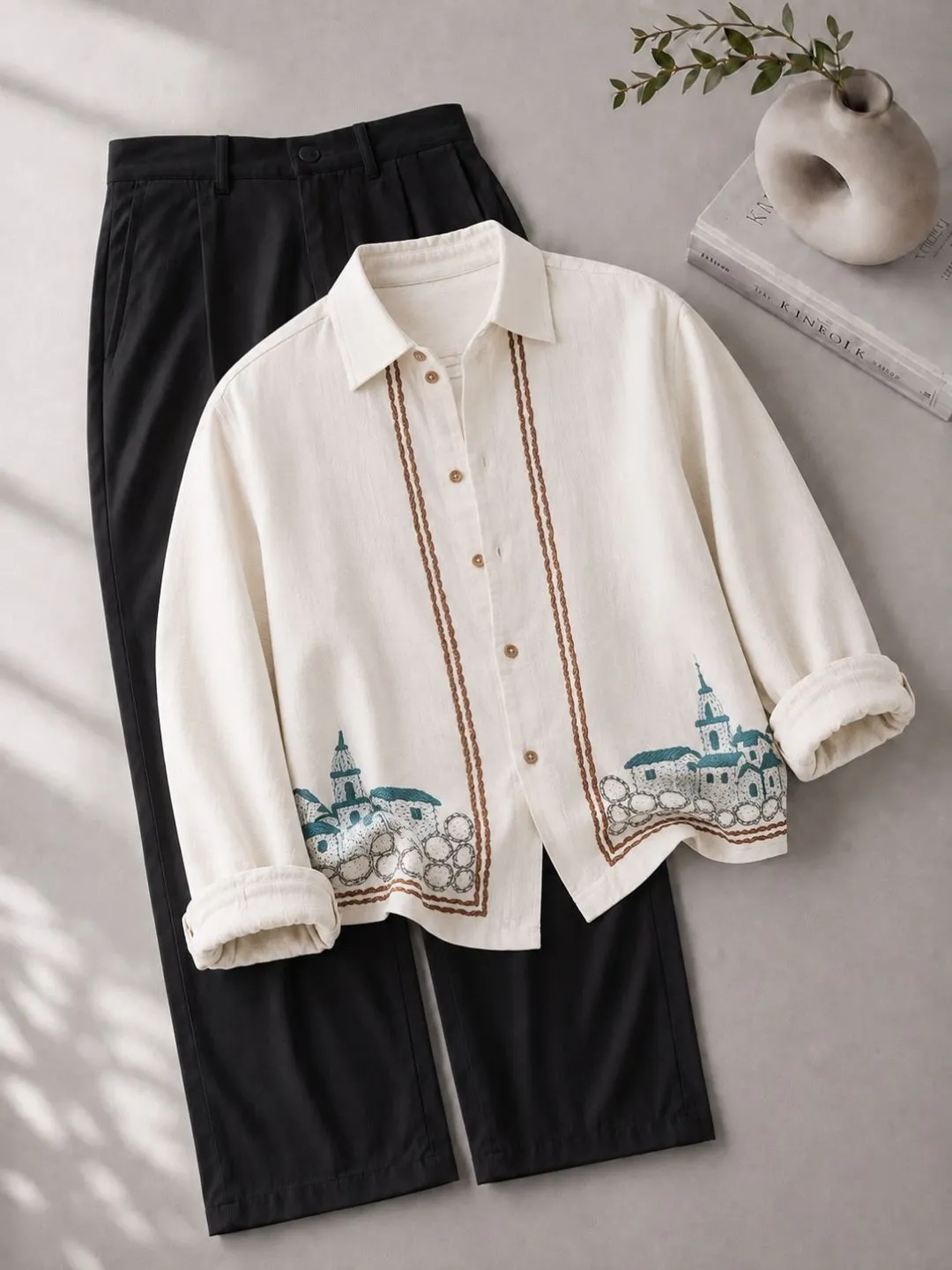 Beige Townscape Embroidered Long-Sleeve Shirt and Black Trouser Set - Image 2