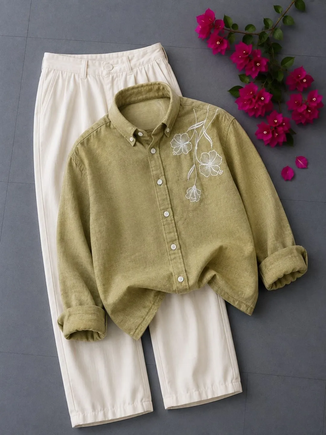Deep Maroon Floral Embroidered Long-Sleeve Shirt and Trouser Ensemble - Image 4