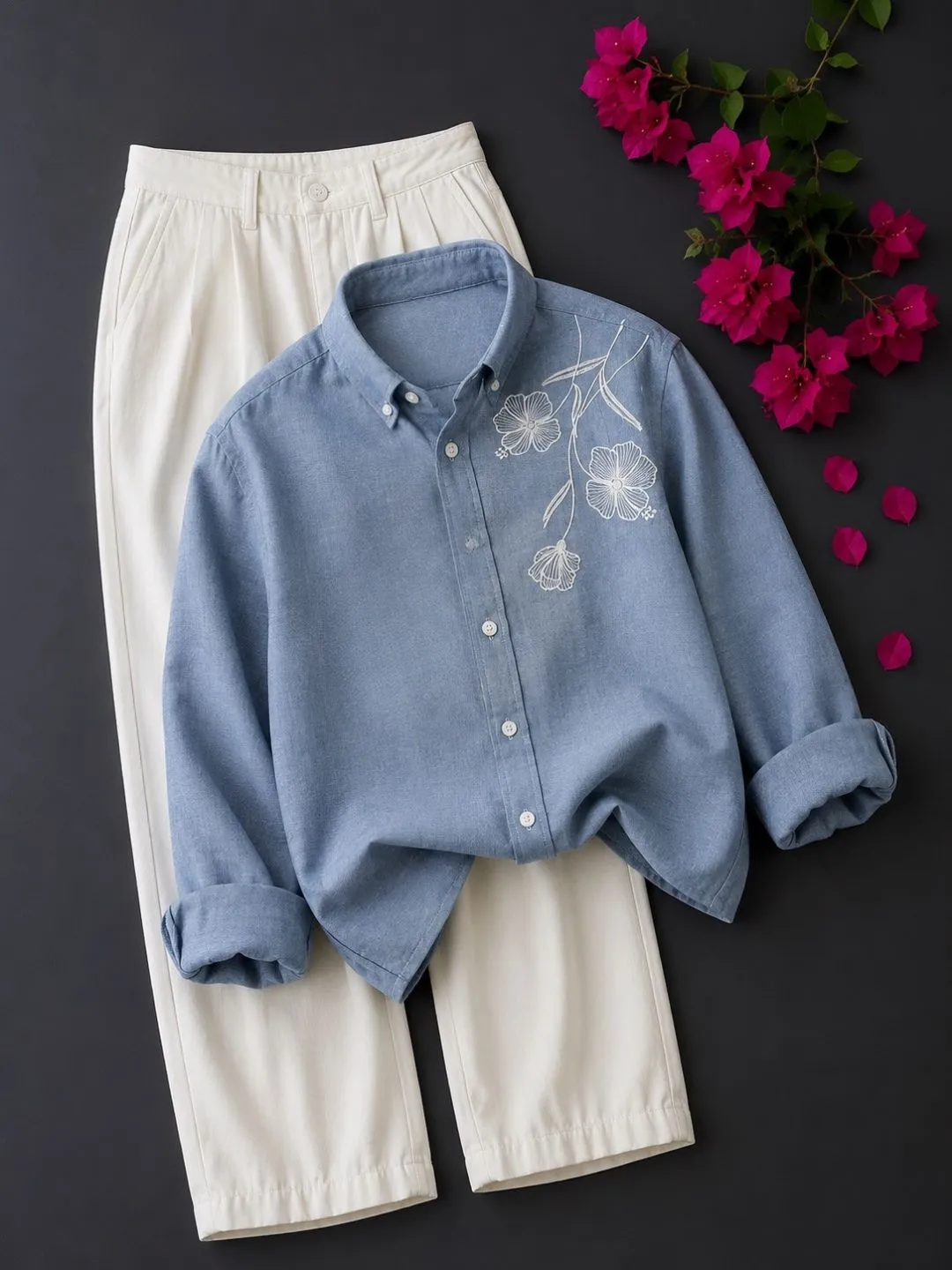 Deep Maroon Floral Embroidered Long-Sleeve Shirt and Trouser Ensemble - Image 3