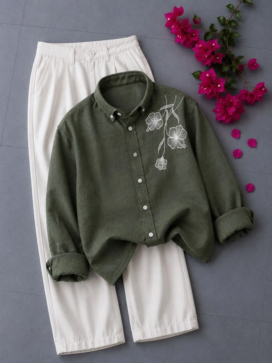 Deep Maroon Floral Embroidered Long-Sleeve Shirt and Trouser Ensemble - Image 2