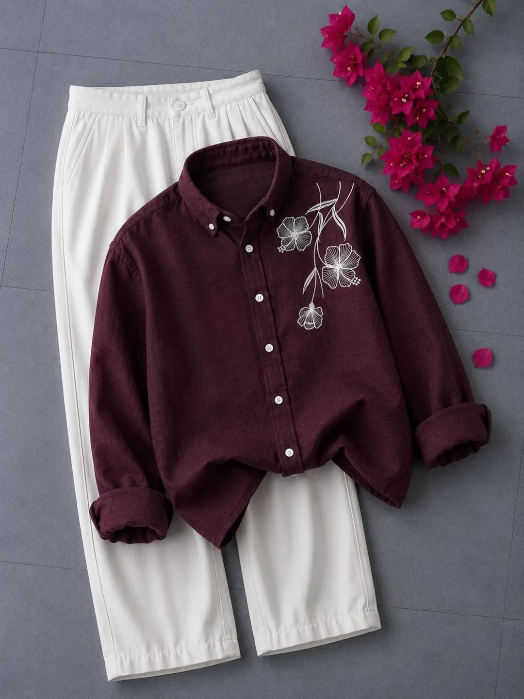 Deep Maroon Floral Embroidered Long-Sleeve Shirt and Trouser Ensemble