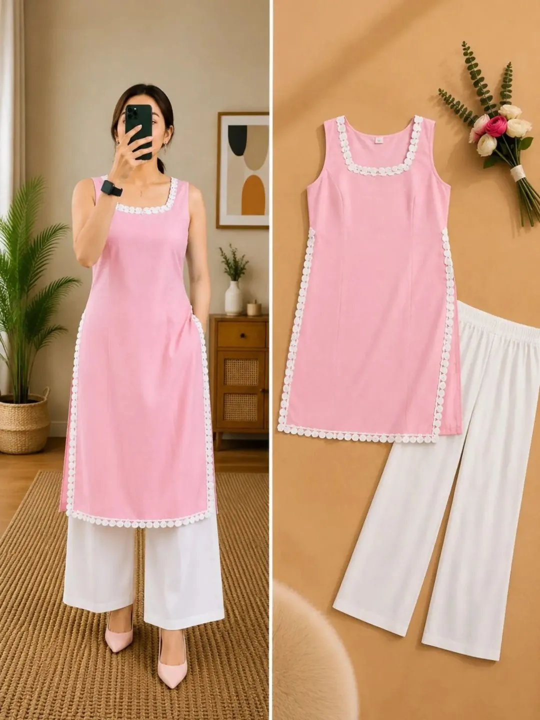 Ivory Elephant and Parasol Printed Sleeveless Kurti with Pant Set - Image 5